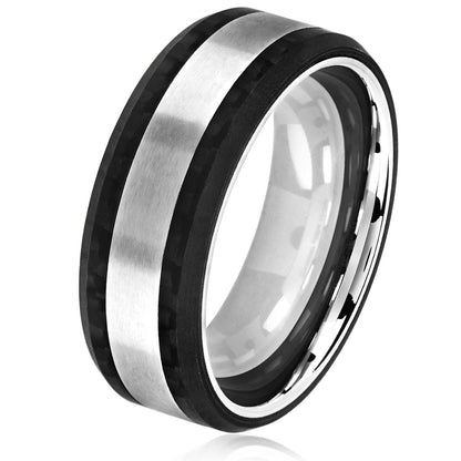 Crucible Jewelry Men's Brushed Stainless Steel Carbon Fiber Beveled Comfort Fit Ring