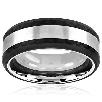 Crucible Jewelry Men's Brushed Stainless Steel Carbon Fiber Beveled Comfort Fit Ring