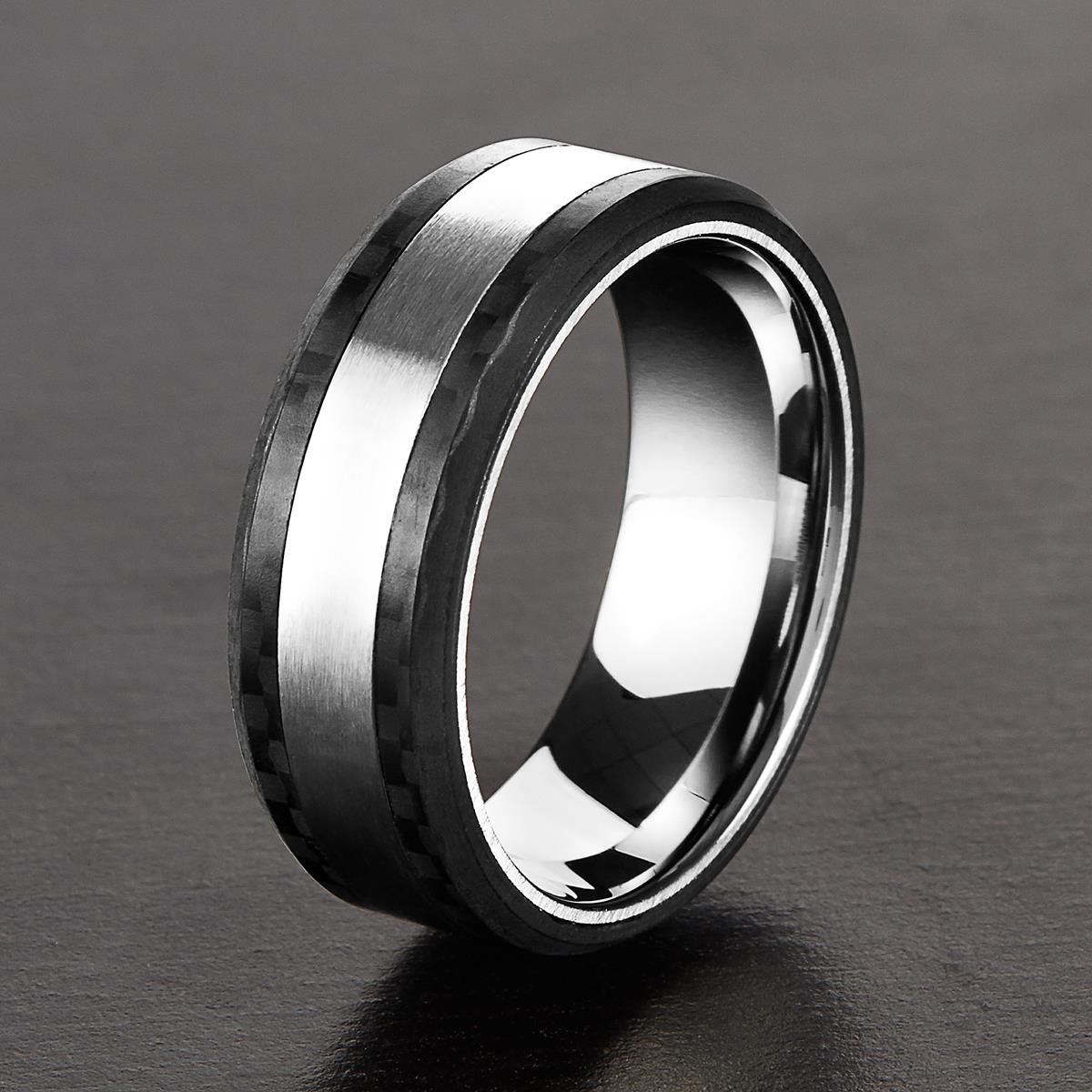 Crucible Jewelry Men's Brushed Stainless Steel Carbon Fiber Beveled Comfort Fit Ring