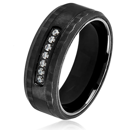 Crucible Jewelry Men's Black Plated Stainless Steel Carbon Fiber Semi Eternity Cubic Zirconia Ring