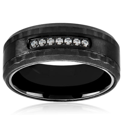 Crucible Jewelry Men's Black Plated Stainless Steel Carbon Fiber Semi Eternity Cubic Zirconia Ring