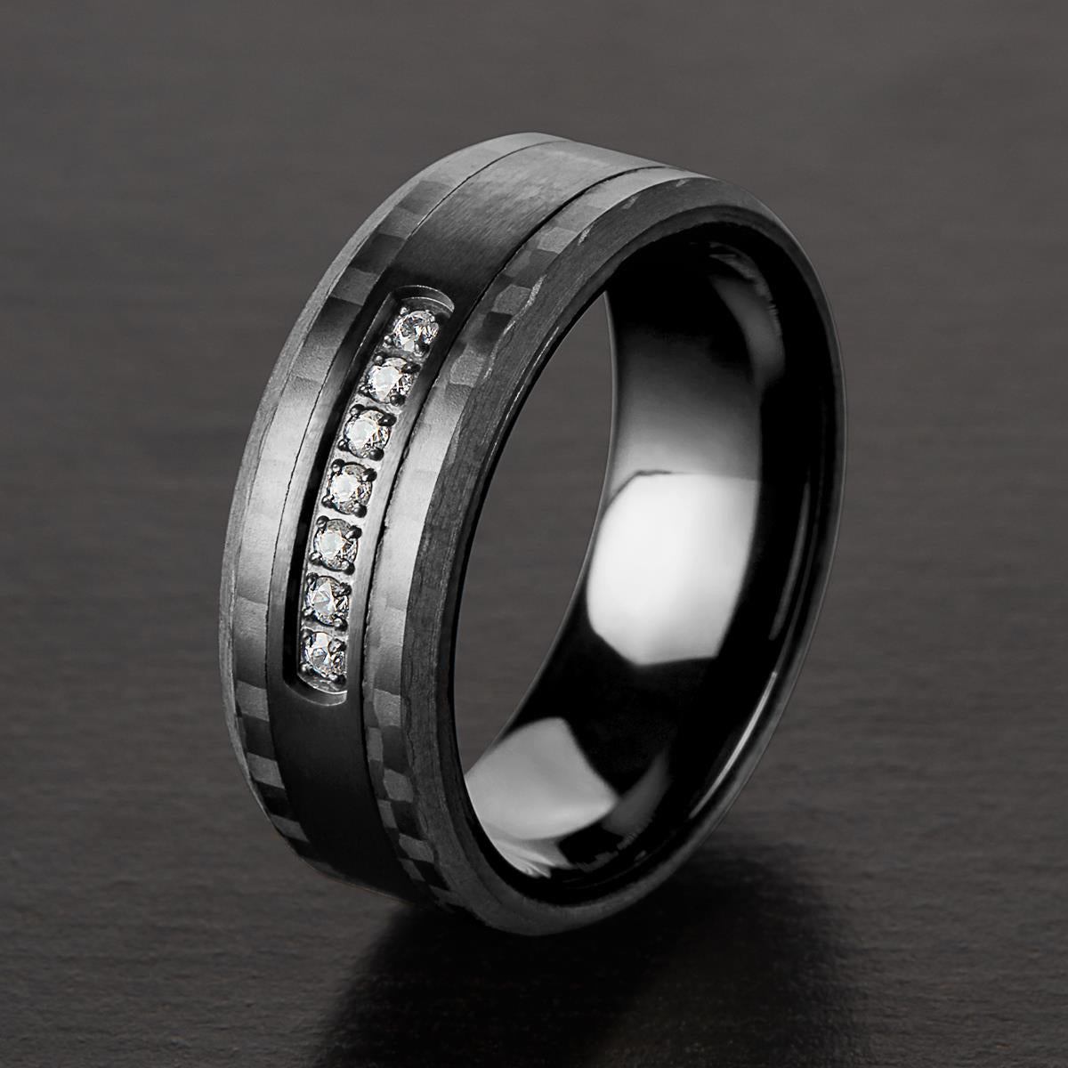 Crucible Jewelry Men's Black Plated Stainless Steel Carbon Fiber Semi Eternity Cubic Zirconia Ring