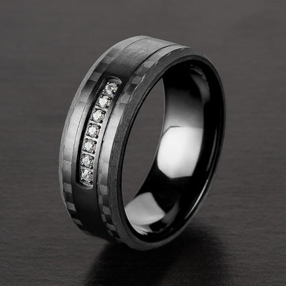 Crucible Jewelry Men's Black Plated Stainless Steel Carbon Fiber Semi Eternity Cubic Zirconia Ring