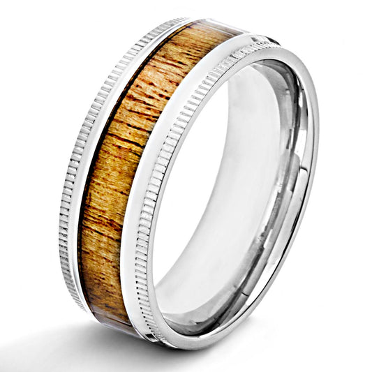 Crucible Jewelry Stainless Steeel High Polished Wood Inlay Ridged Edge Ring