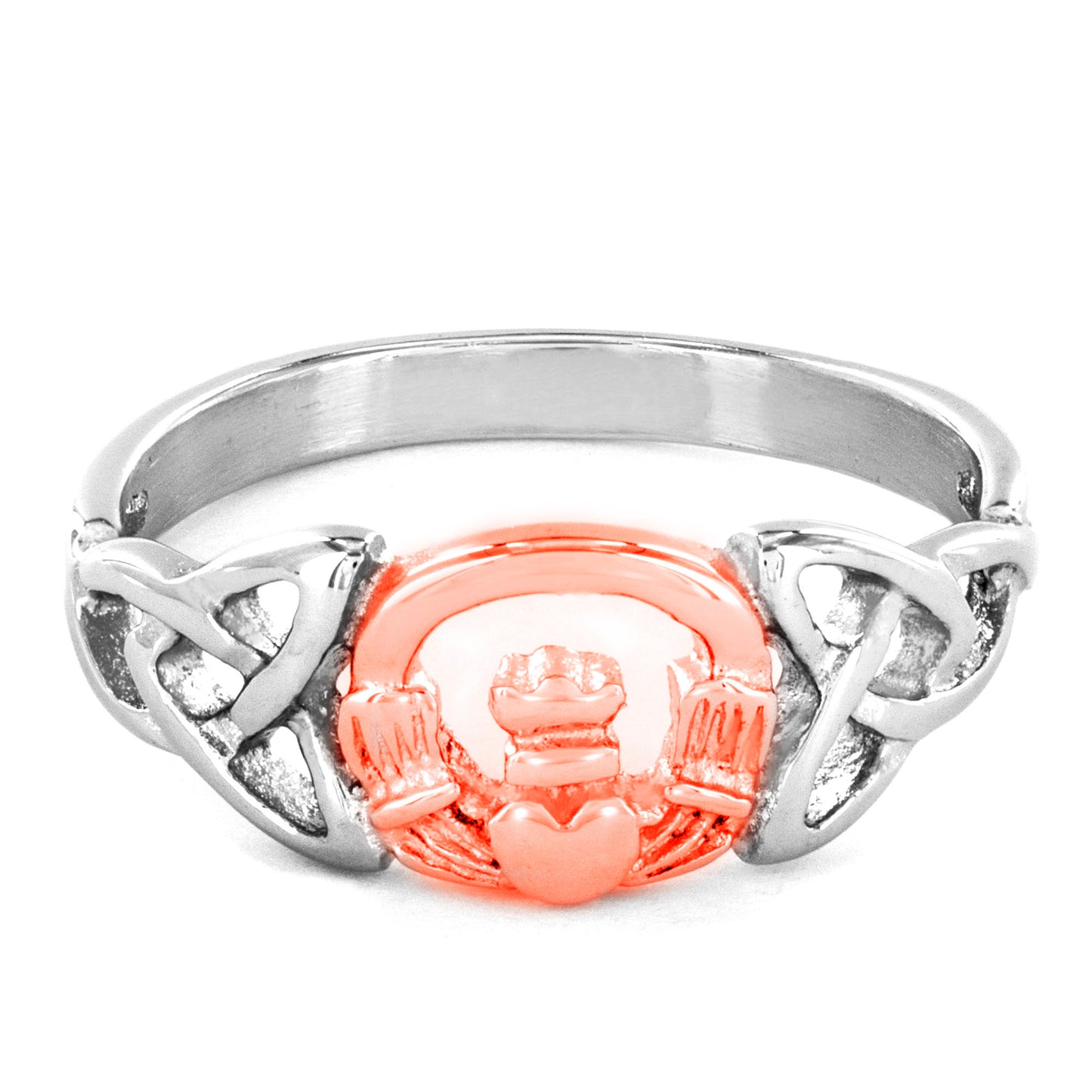 Women's Celtic Trinity Knot Claddagh Rose Gold Stainless Steel Ring (8mm)