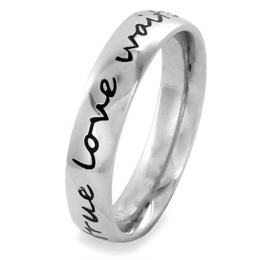 Polished 'True Love Waits' Cursive Script Stainless Steel Ring (4mm)