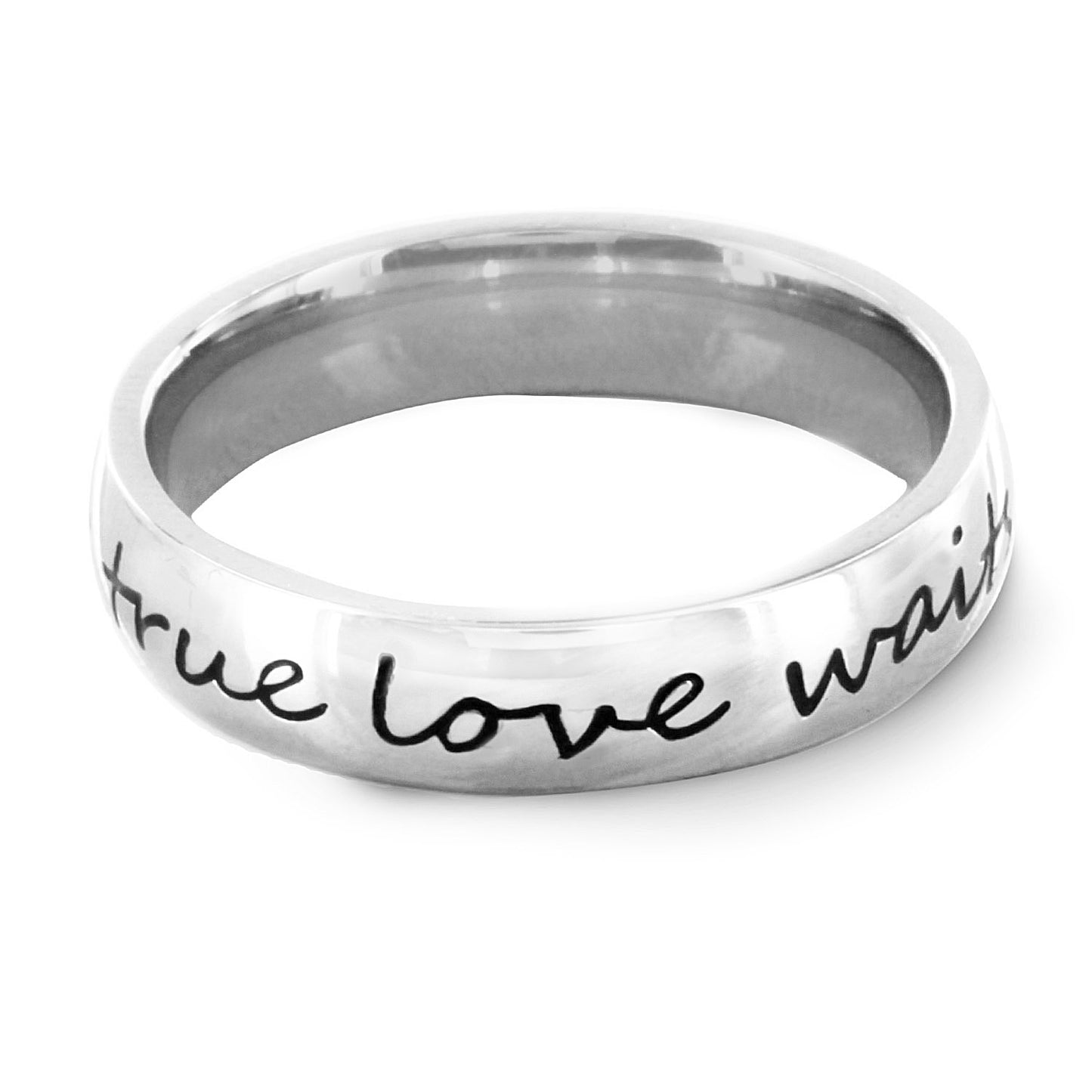Polished 'True Love Waits' Cursive Script Stainless Steel Ring (4mm)
