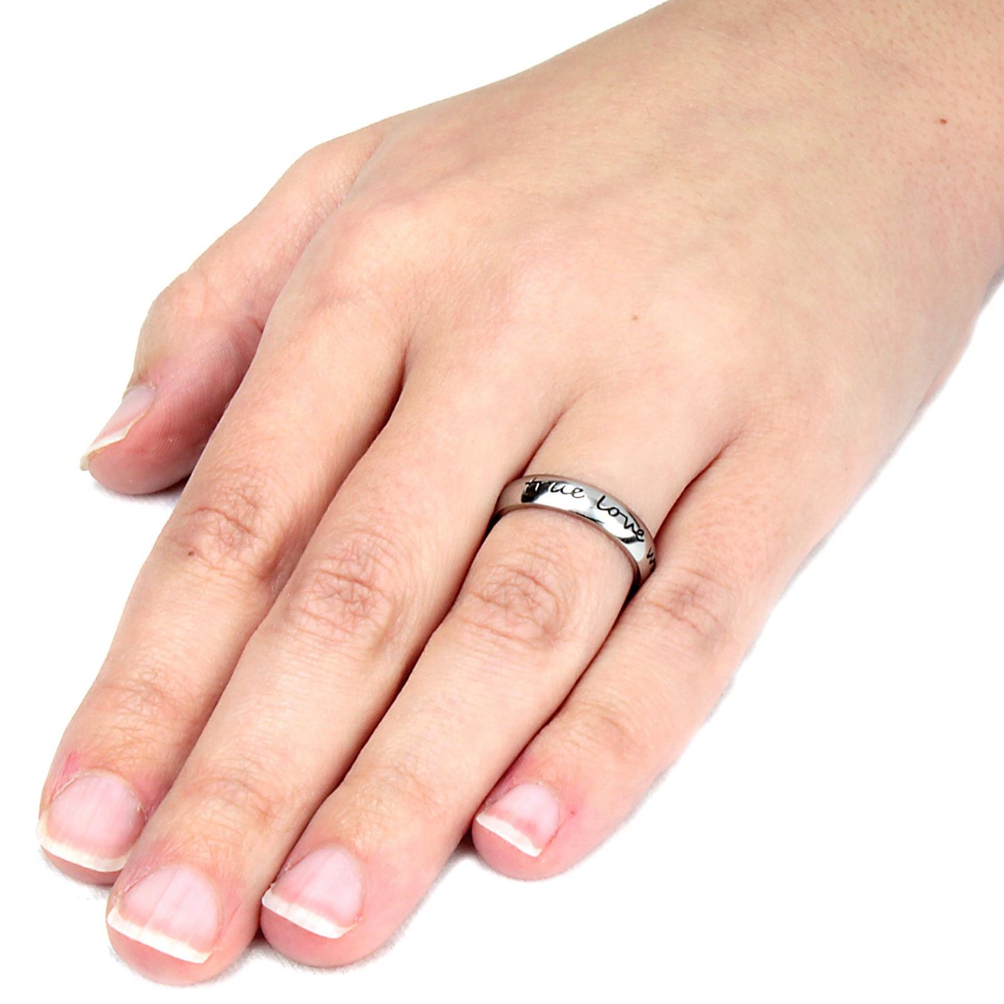 Polished 'True Love Waits' Cursive Script Stainless Steel Ring (4mm)