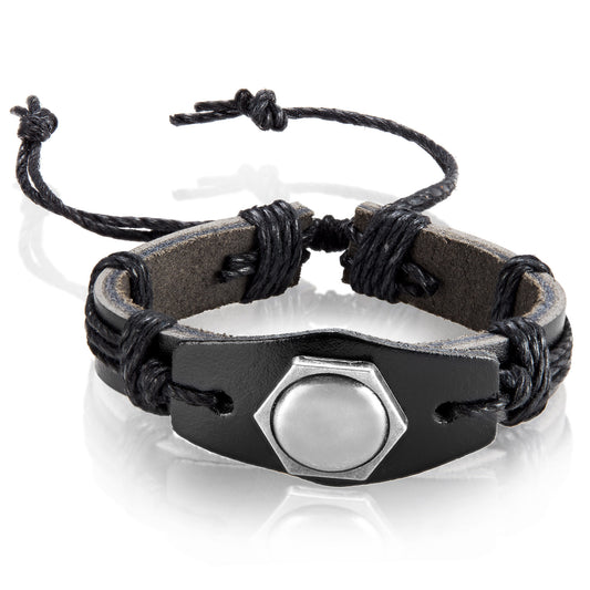 Men's Black Leather Hexagon Stud Adjustable Bracelet