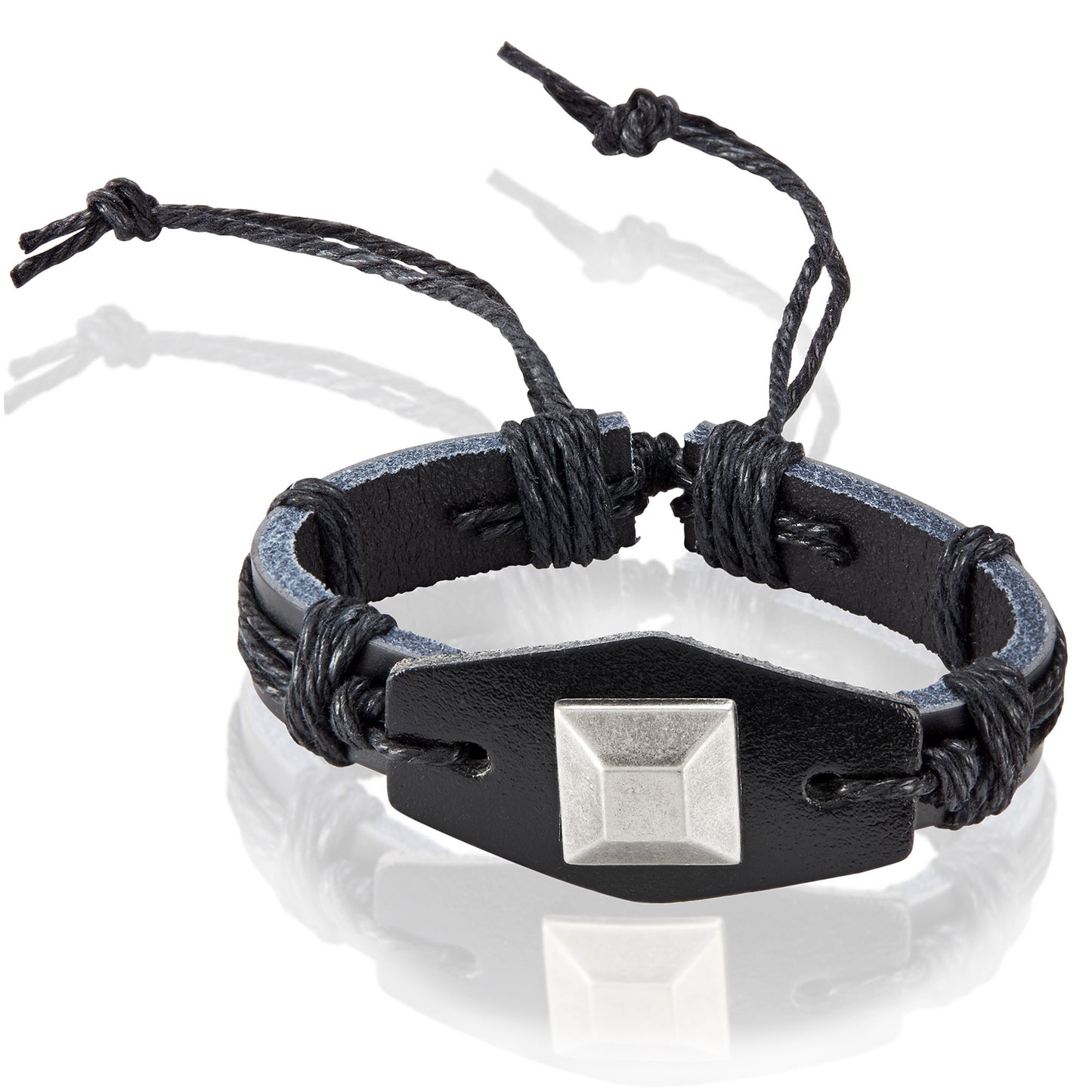 Men's Black Leather Square Stud Adjustable Bracelet