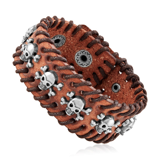 Men's Leather Skull Studs Stitched Cuff Bracelet