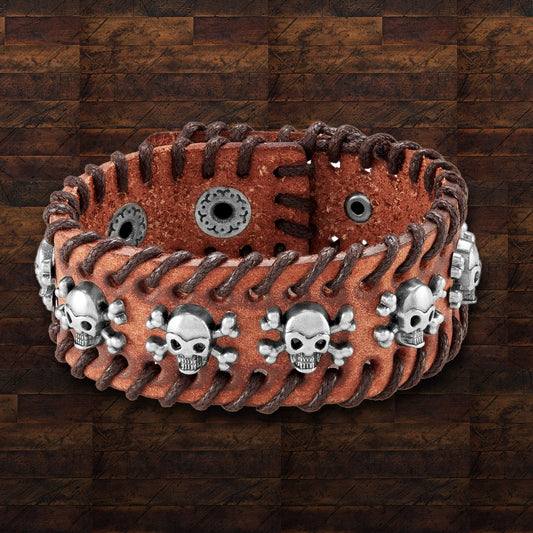 Men's Leather Skull Studs Stitched Cuff Bracelet