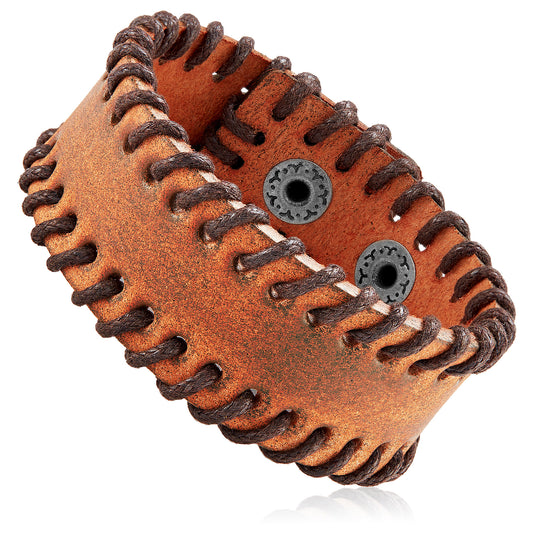 Men's Brown Leather Stitched Cuff Bracelet