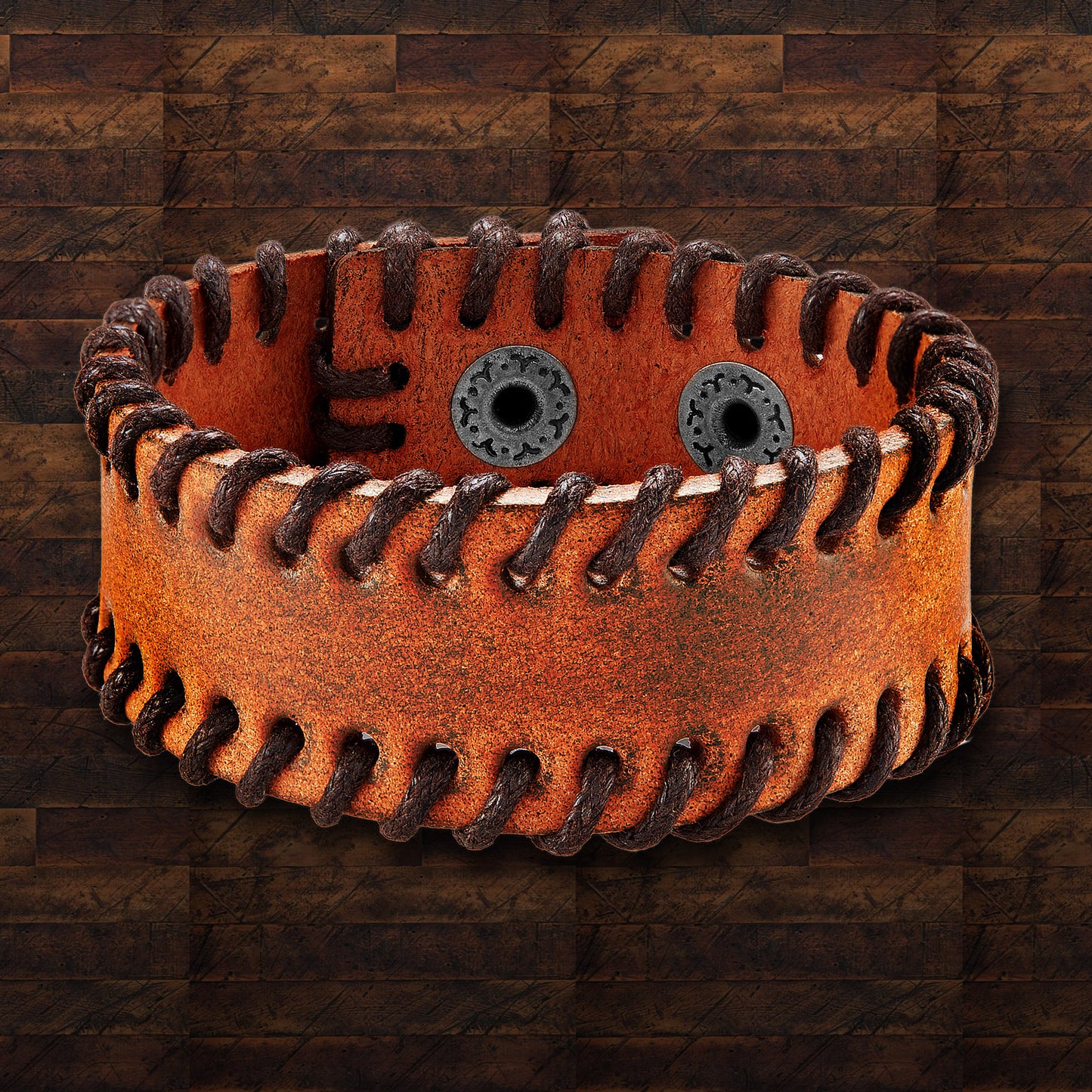 Men's Brown Leather Stitched Cuff Bracelet