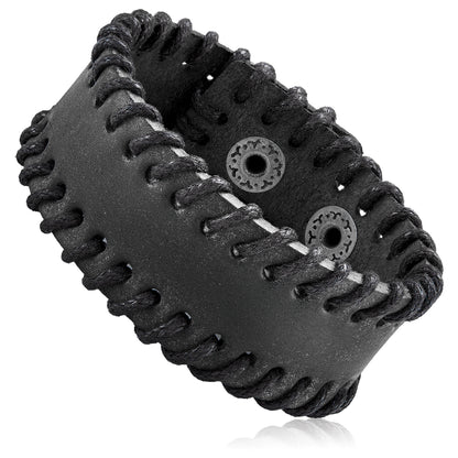 Men's Black Leather Stitched Cuff Bracelet