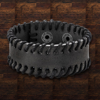 Men's Black Leather Stitched Cuff Bracelet