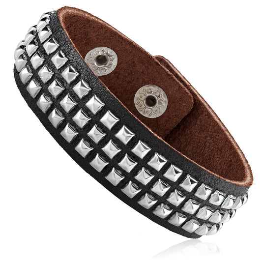 Men's Black Leather Studded Cuff Bracelet