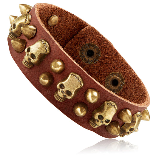 Men's Leather Skull and Bullet Studs Cuff Bracelet