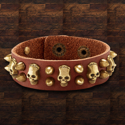Men's Leather Skull and Bullet Studs Cuff Bracelet