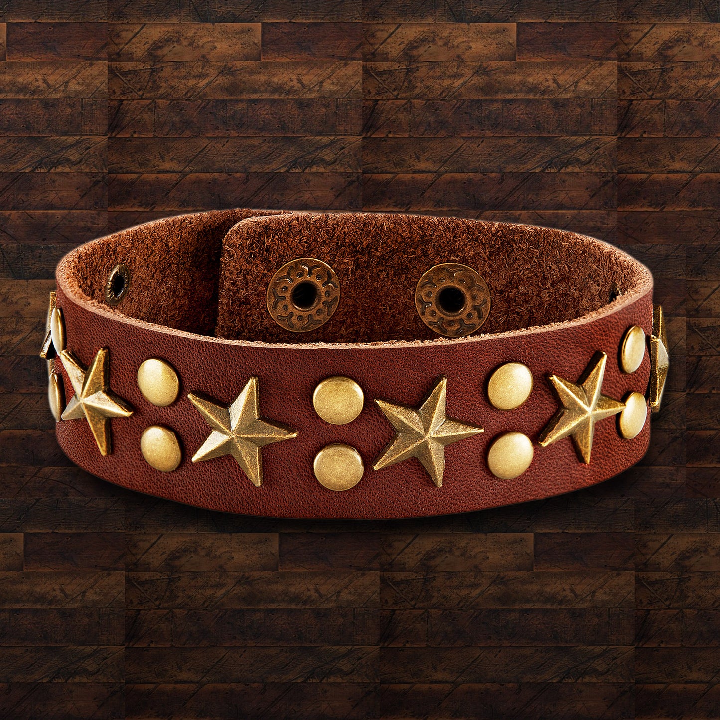 Men's Brown Leather Star and Studded Cuff Bracelet