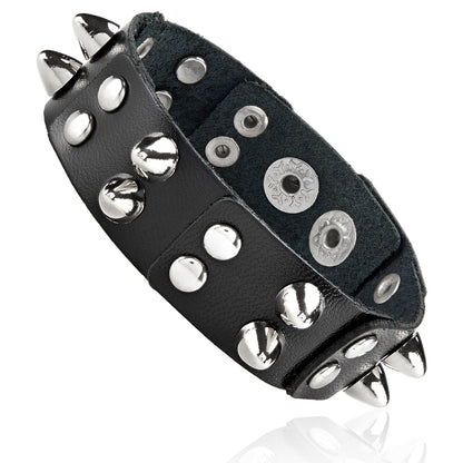 Men's Black Leather Bullet Studs Cuff Bracelet