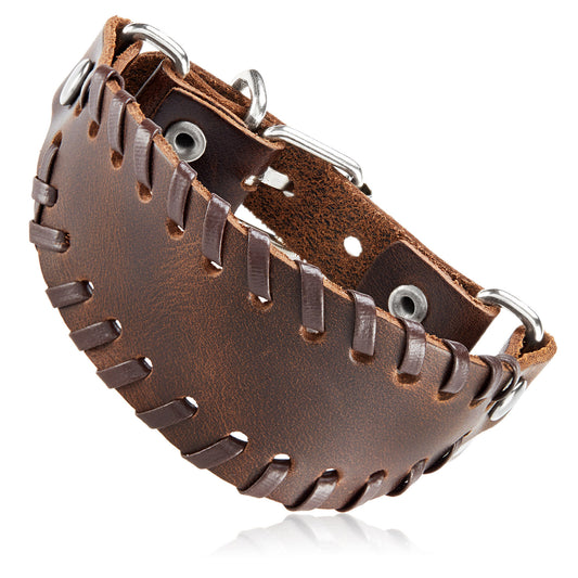 Men's Brown Leather Stitched Bund Buckle Cuff Bracelet