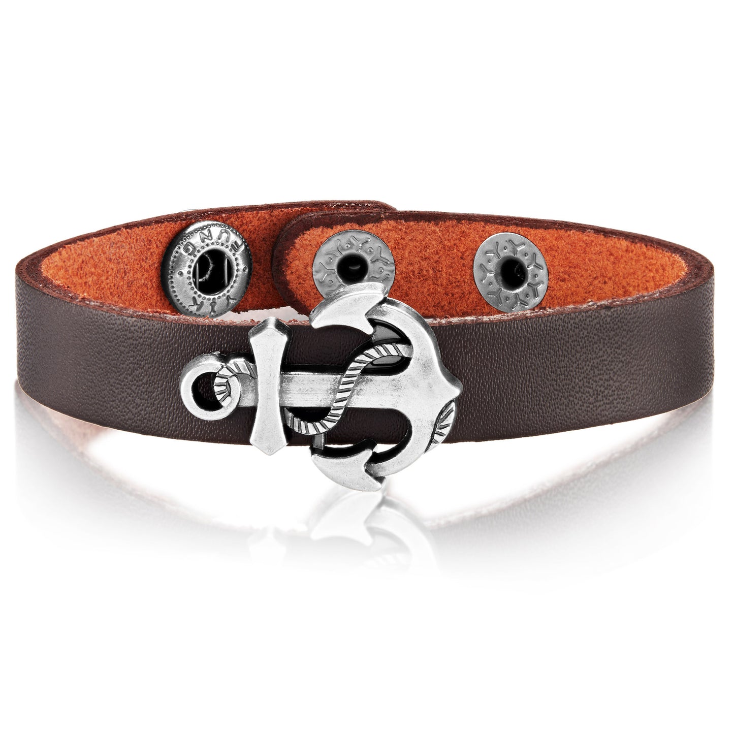 Men's Brown Polished Leather Anchor Charm Cuff Bracelet (22 mm) - 8.75"