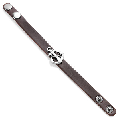 Men's Brown Polished Leather Anchor Charm Cuff Bracelet (22 mm) - 8.75"