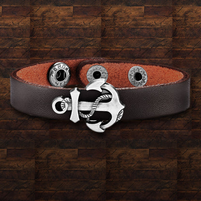 Men's Brown Polished Leather Anchor Charm Cuff Bracelet (22 mm) - 8.75"