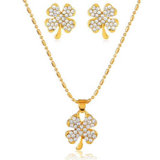 ELYA Women's Gold Tone Crystal Clover Necklace and Earrings Jewelry Set