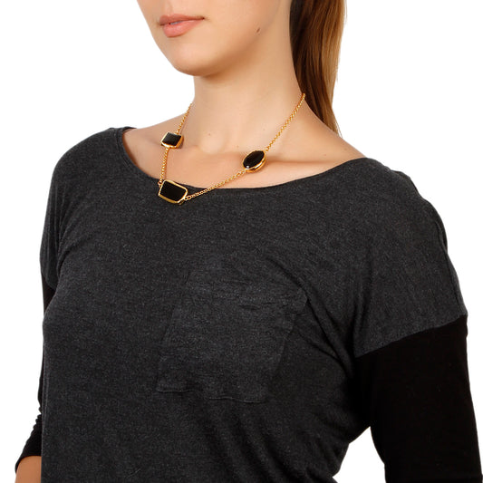 ELYA Gold Tone Black Onyx Cable Chain Necklace (18 mm) - 18"