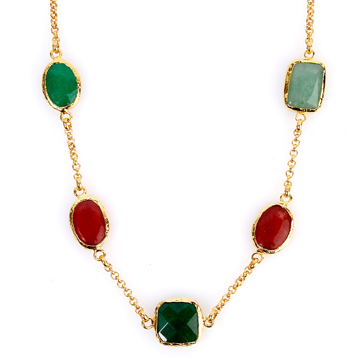 ELYA Gold Tone Green and Red Dyed Chalcedony Cable Chain Necklace (18 mm) - 18"