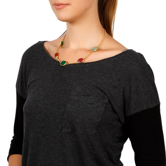ELYA Gold Tone Green and Red Dyed Chalcedony Cable Chain Necklace (18 mm) - 18"