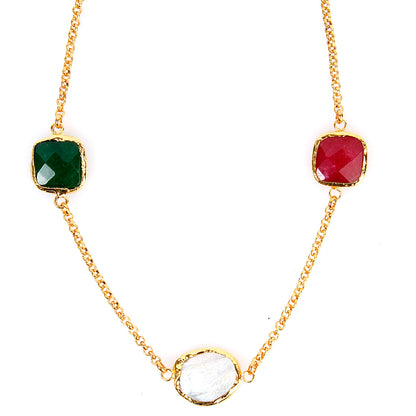 ELYA Gold Tone Mother of Pearl Green and Red Dyed Chalcedony Cable Chain Necklace (18 mm) - 17"