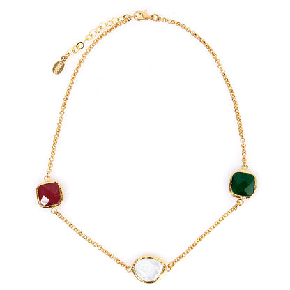 ELYA Gold Tone Mother of Pearl Green and Red Dyed Chalcedony Cable Chain Necklace (18 mm) - 17"