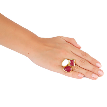 ELYA Gold Tone Red Dyed Chalcedony and Mother of Pearl Cluster Ring (29 mm)