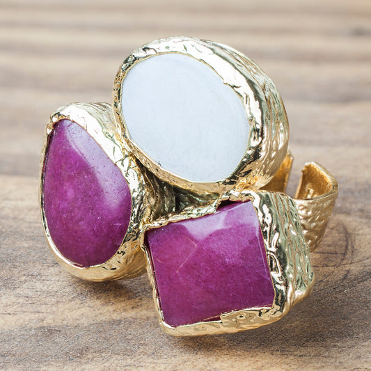 ELYA Gold Tone Red Dyed Chalcedony and Mother of Pearl Cluster Ring (29 mm)