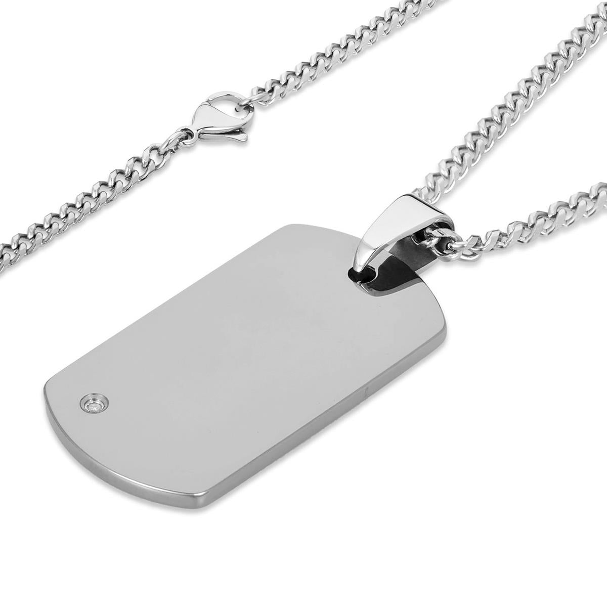 Crucible Men's Tungsten Carbide High Polished Diamond Dog Tag Pendant Necklace