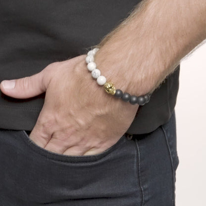 Men's Skull with Howlite and Matte Onyx Stone Beads Stretch Bracelet