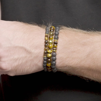 Men's Tiger Eye Stone with Hematite, Lava and Wood Bead Stretch Bracelets