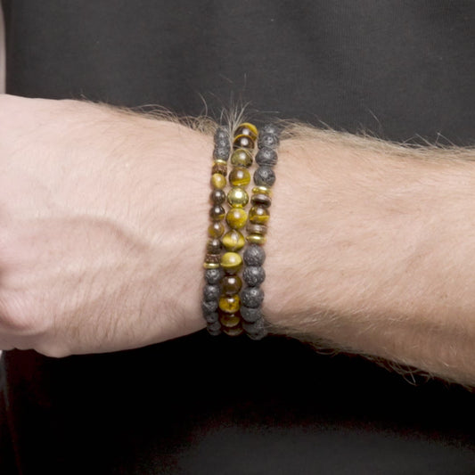 Men's Tiger Eye Stone with Hematite, Lava and Wood Bead Stretch Bracelets