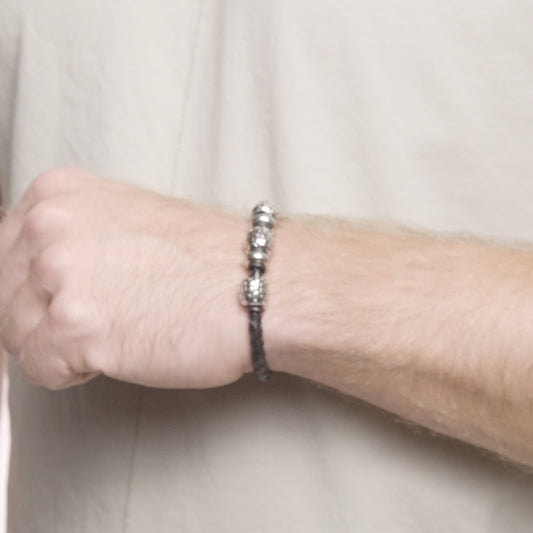 Men's Steel Beads Braided Black Leather Bracelet - 8.25"