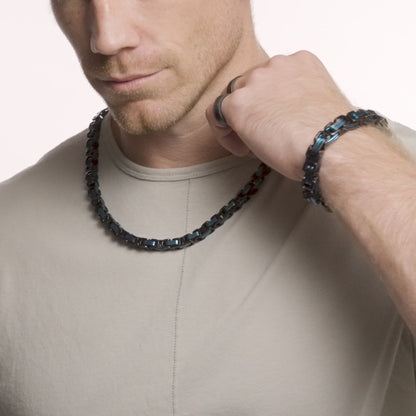 Men's Polished Byzantine Chain Black and Blue Stainless Steel Necklace
