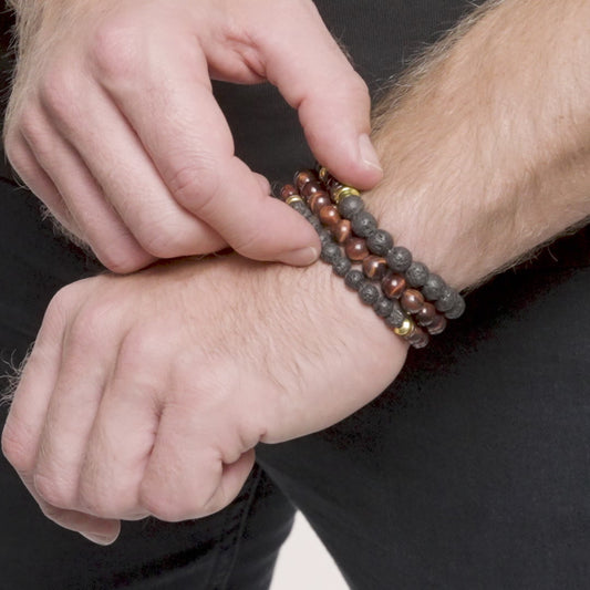 Men's Red Tiger Eye Stone with Hematite, Lava and Wood Bead Stretch Bracelets