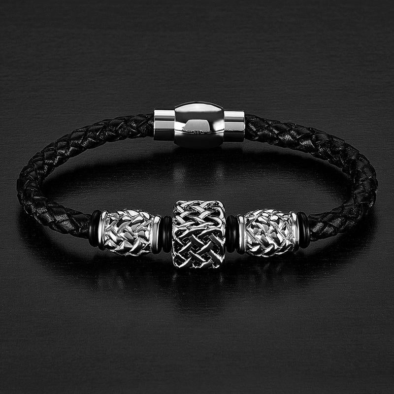 Crucible Los Angeles Stainless Steel Square Beaded Black Braided Leather Bracelet (12 mm)