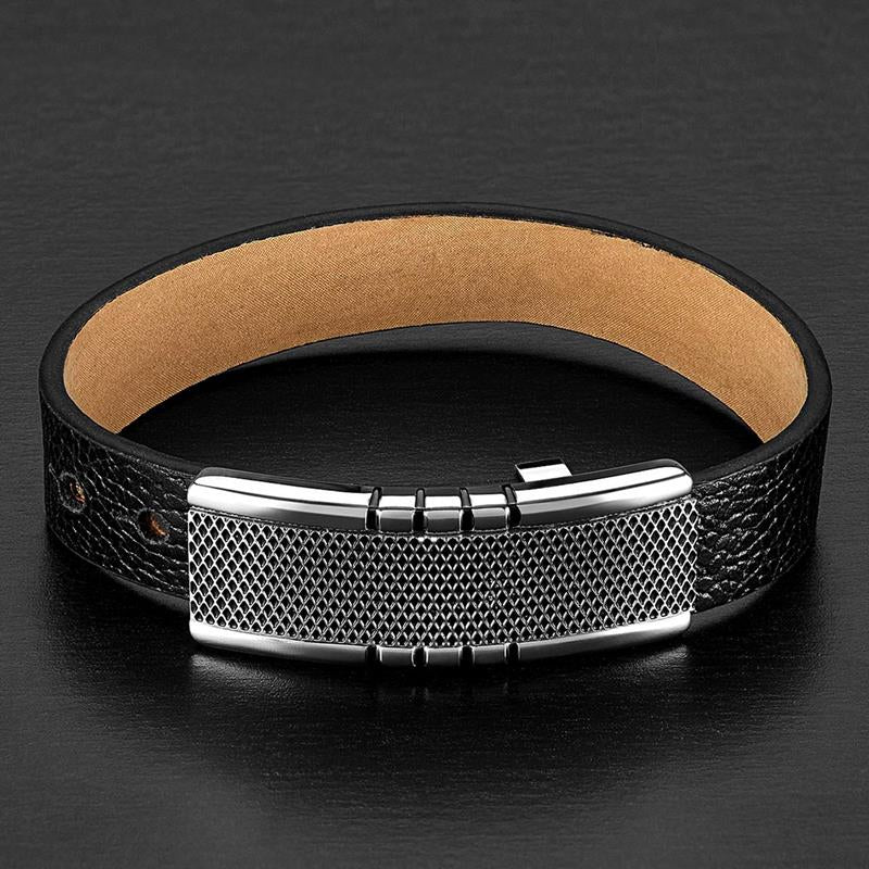 Crucible Textured Stainless Steel Buckle Clasp Leather Bracelet