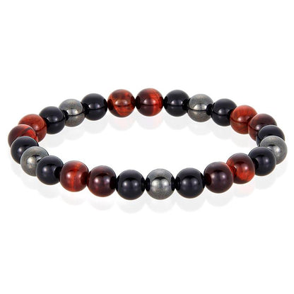 Crucible Los Angeles 8mm Bead Stretch Bracelet Featuring Red Tiger Eye, Shiny Black Onyx and Magnetic Hematite