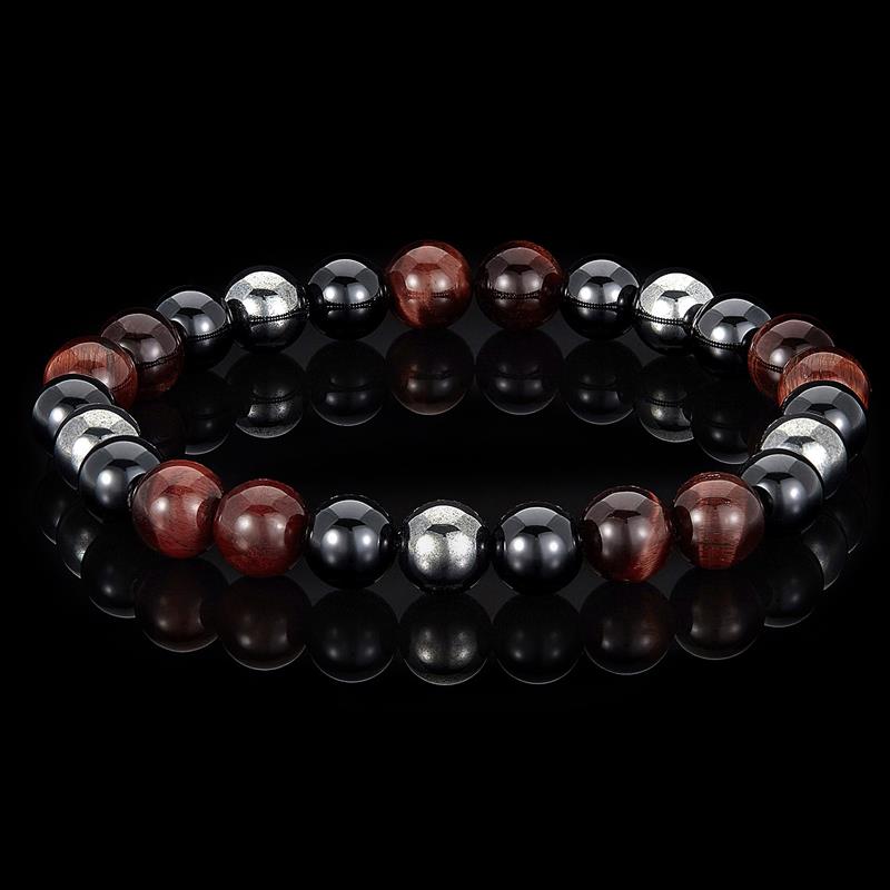 Crucible Los Angeles 8mm Bead Stretch Bracelet Featuring Red Tiger Eye, Shiny Black Onyx and Magnetic Hematite