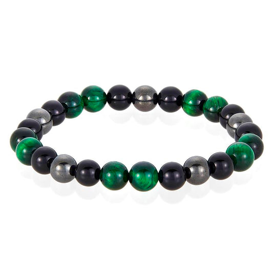 8mm Bead Stretch Bracelet Featuring Green Tiger Eye, Shiny Black Onyx and Magnetic Hematite