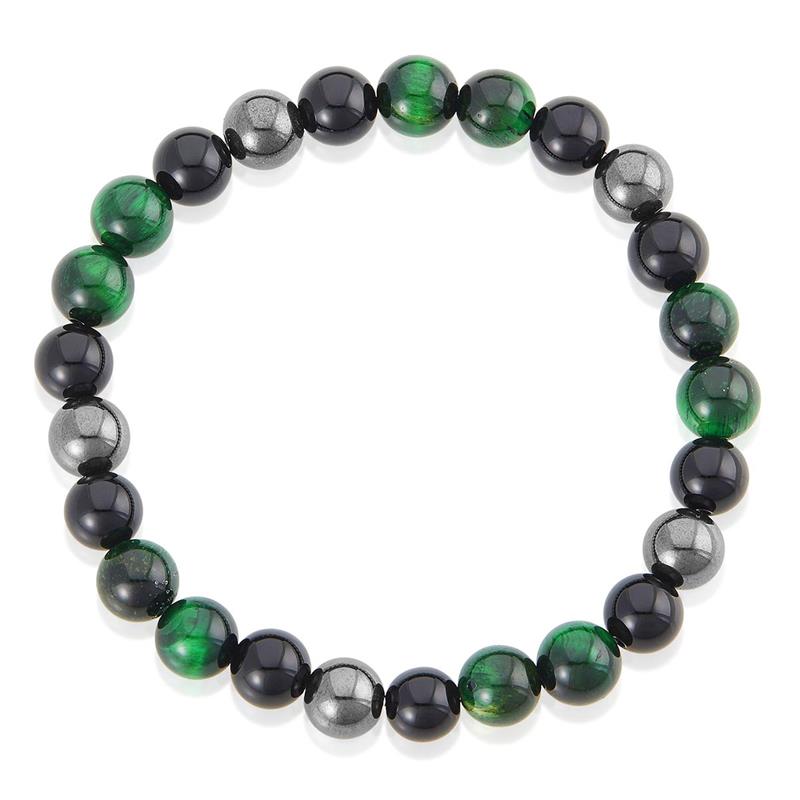 8mm Bead Stretch Bracelet Featuring Green Tiger Eye, Shiny Black Onyx and Magnetic Hematite
